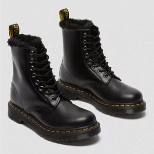 Dr. Martens Black Leather Serena with Faux Fur Lining Lace Up Boots